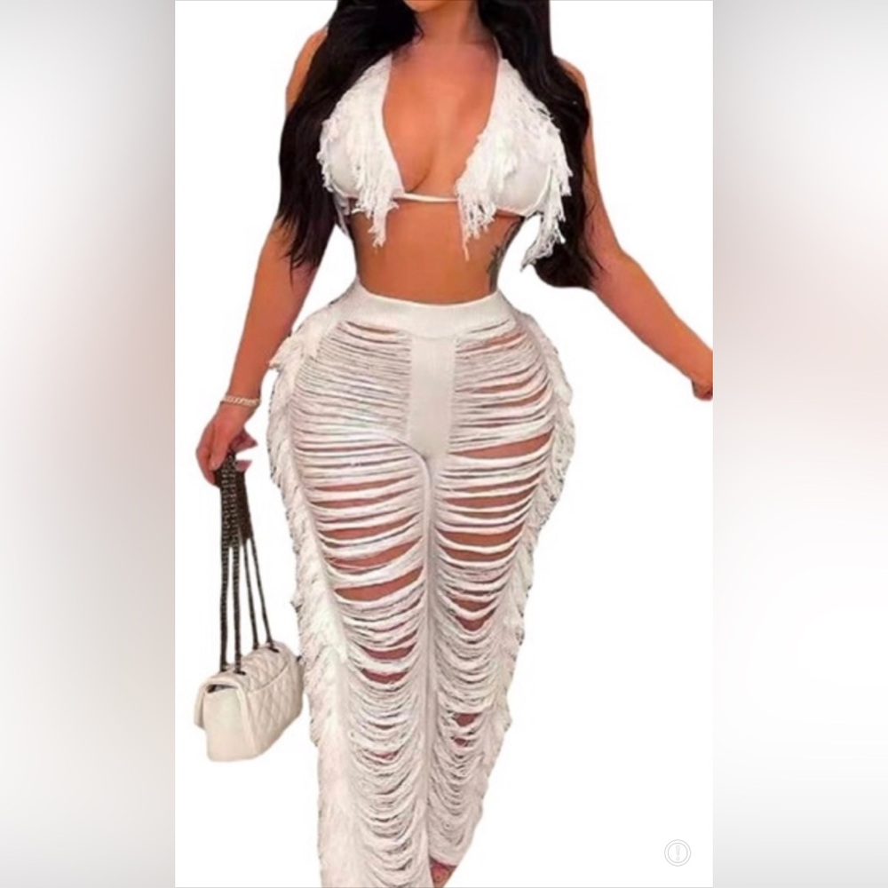 Coachella Boho White fringe beach set